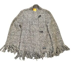 Ruby Rd Petite Toggle Fringe Cardigan Women's Size PL Gray Marled Chunky Knit